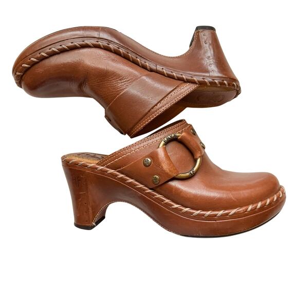Frye Charlotte Ring Harness Brown Leather Clogs Cognac Brown Size 6M - Picture 2 of 11